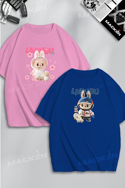 macklin Unisex Labubu Skateboard and Flower Printed Lover Couple Combination Design Oversize T-Shirt 2-Piece