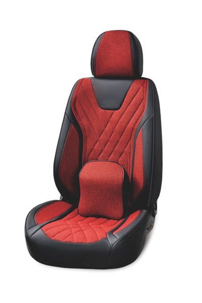 DELUXETUNING Set huse scaune auto universale, piele ecologica neagra cu material textil rosu, fata-spate