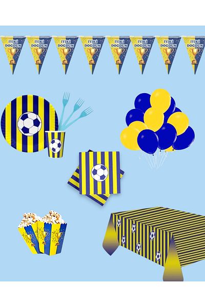 Evabrite Yellow Navy Blue Party Set - Special Fan Themed Birthday Concept for Children for 24 People