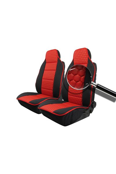 DELUXETUNING Set 2 Huse auto Scaune Fata 1+1 Universal Lux, Material textil negru cu imitatie de piele rosie