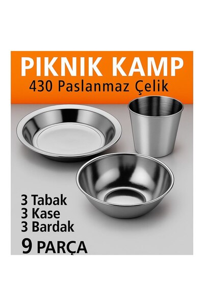 Metler Paslanmaz Çelik Kamp Piknik Seti 9 Parça | Tabak Kase Bardak Seti | 43...
