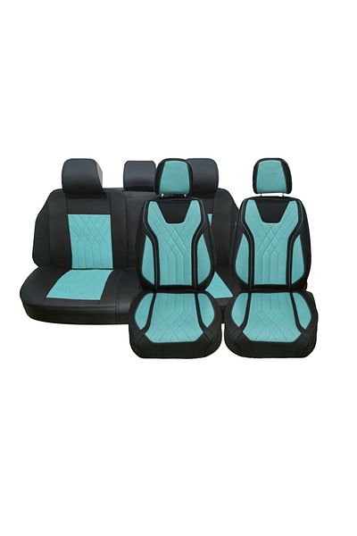 DELUXETUNING Set huse scaune auto universale, piele ecologica turcoaz cu negru, Luxury, fata-spate