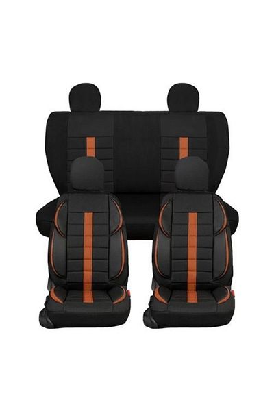 DELUXETUNING Set huse scaune auto, universale, fata-spate, negru cu dunga maro, textil si piele ecologica