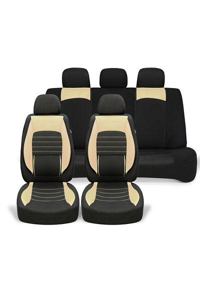 DELUXETUNING Set huse scaune auto universale, piele ecologica crem cu material textil negru, fata-spate