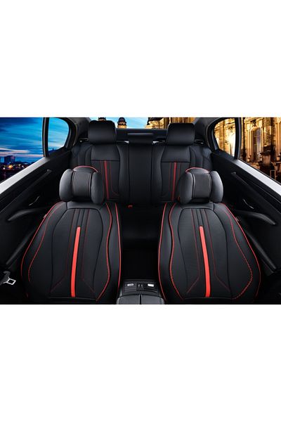 DELUXETUNING Set huse scaune auto universale, piele ecologica negru cu dunga rosie, Sport Design fata-spate