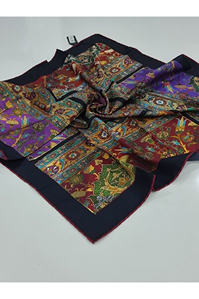 PİRAMİT SİLKHOME KİLİM DESEN TİVİL EŞARP SİYAH BORDO