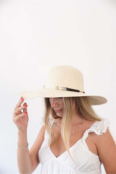 Zoe3 Style Women's Axl Beige Black Bead Detailed Straw Hat