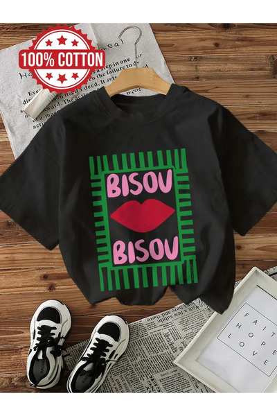 AEMİ Unisex Bisou Printed Oversize Crew Neck T-Shirt