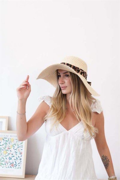Zoe3 Style Women's Lorel Beige Leopard Detailed Straw Hat