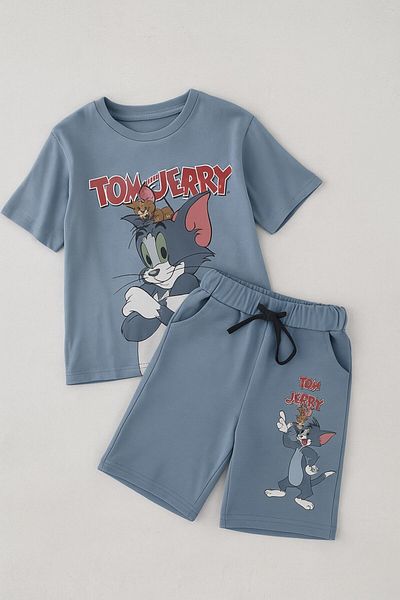 VOY KİDS Boy's Summer Tom&Jerry Printed 4-5-6-7-8 Years Bottom Top Shorts Suit