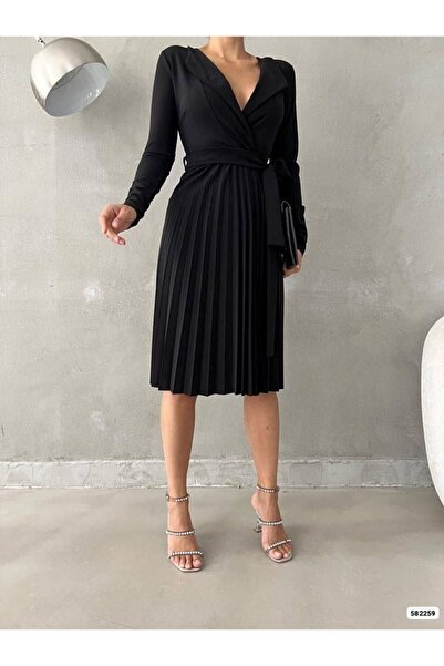 sky Siyah Uzun Kollu Krep Kumaş Kruvaze yaka Pliseli Kemerli Elbise