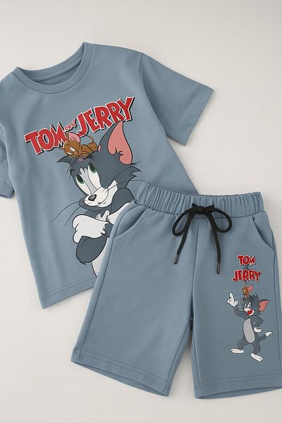 VOY KİDS Boy's Summer Tom&Jerry Printed 4-5-6-7-8 Years Bottom Top Shorts Suit