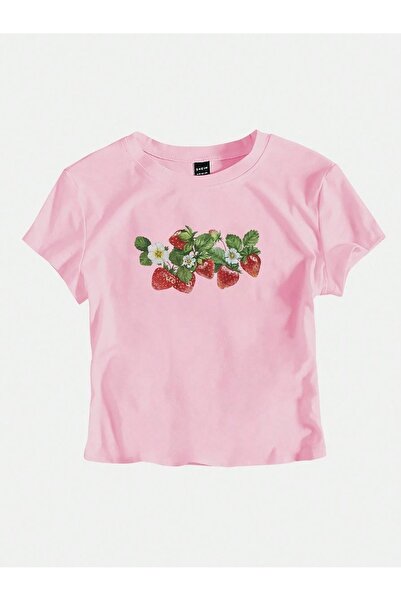 PALPİTO Γυναικείο μπλουζάκι με στάμπα με ροζ φράουλα με λαιμόκοψη