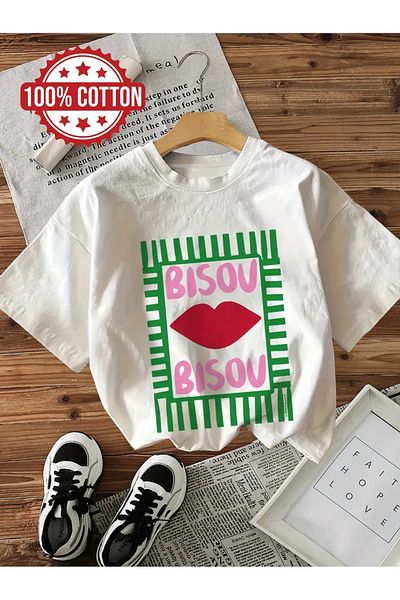 AEMİ Tricou oversize unisex cu decolteu rotund cu imprimeu Bisou