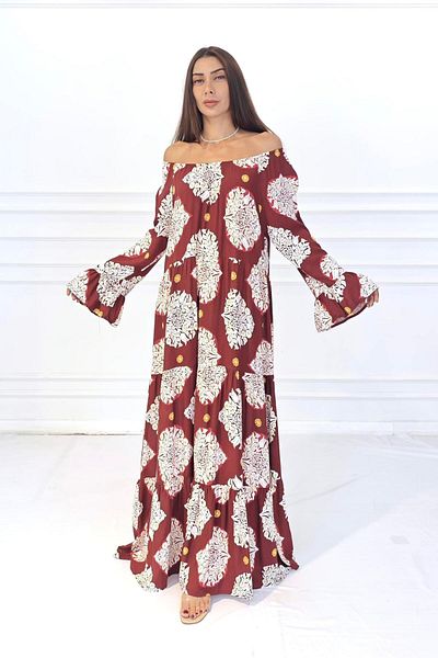 Markano Burgundy Madonna Collar Patterned Skirt Layered Long Dress