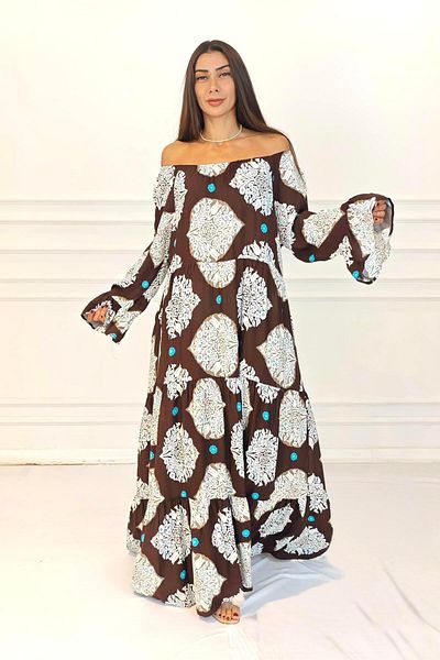Markano Brown Madonna Collar Patterned Skirt Layered Long Dress