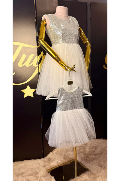 Tuğçe Şahin Anne kız payet tül 1.sınıf kumaş abiye doğum günü elbisesi