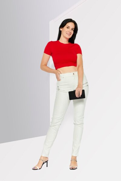 Karl Lagerfeld Women Skinny Fit High Rise Metallic Jeans, Ivory