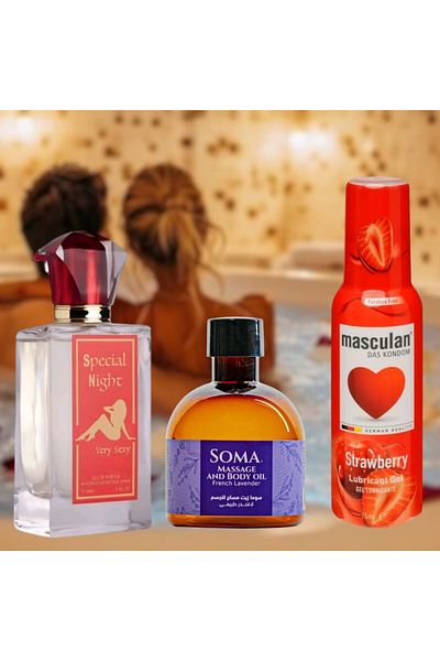 Soma Strawberry Flavored Intimate Lubricant 75ml with Romantic Touch Massage Oil 170ml and Women's Pheromone Perfume 100ml