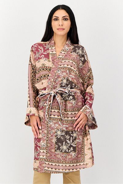 Koton Women Split Neck Graphic Print Belted Kimono, Multicolor