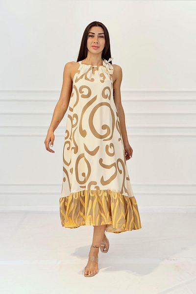 Markano Beige Patterned Halter Neck Pocket Long Dress