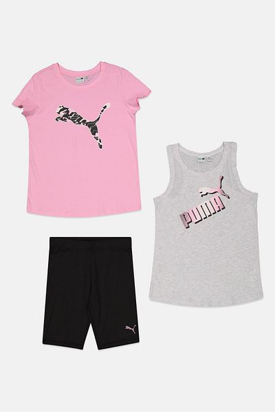 Puma Kids Girl 3 Pieces Sportswear Fit Top And Short Set, Pink/Grey/Black