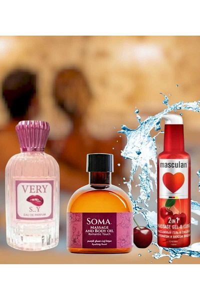 Soma Cherry Flavored Intimate Lubricant 75ml with Romantic Touch Massage Oil 170ml and Women's Pheromone Perfume 100ml