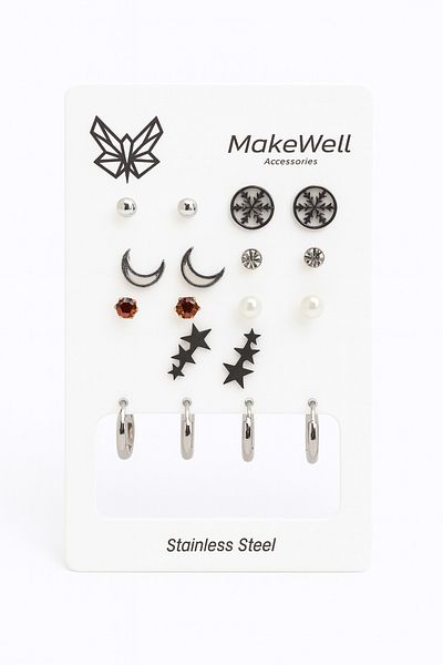 MakeWell Steel Snowflake Row Star and Crescent Design Zircon Stone Pearl and Hoop Earrings Steel Earring Set
