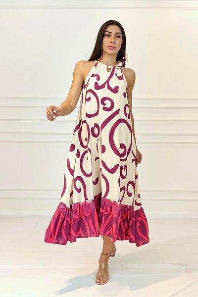 Markano Fuchsia Patterned Halter Neck Pocket Long Dress