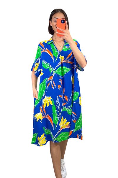 Markano Saks Blue Floral Shirt Collar Pocket Short Dress