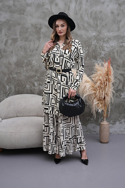Polologin Butik Black and White Belted Long Dress