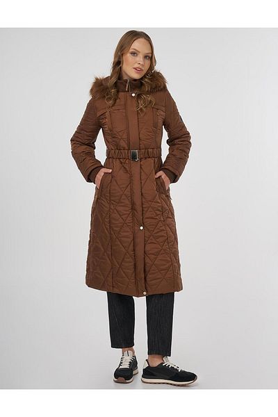 Kayra Stand Collar Zipper Detailed Quilted Anorak Coat Brown