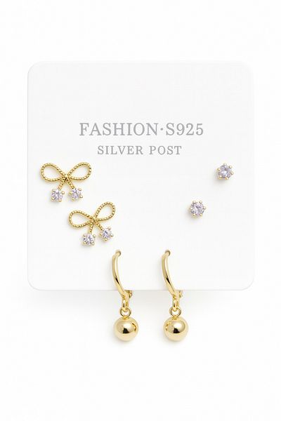 MakeWell 925S Silver Needle Bow and Ball Earrings Design Zircon Stone Earrings Set