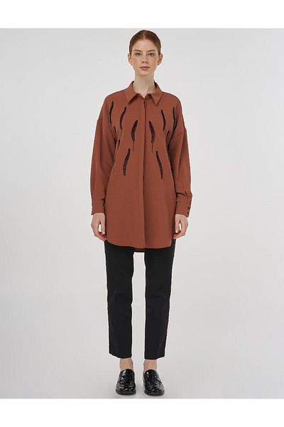 Kayra Stripe Detailed Shirt Collar Tunic Tobacco