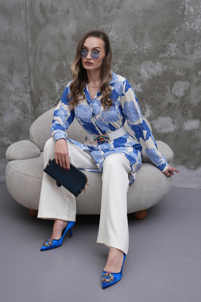 Polologin Butik Blue Leaf Patterned Shirt Tunic