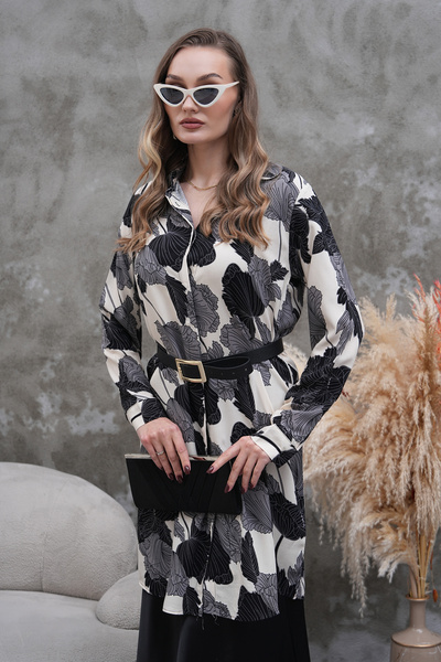 Polologin Butik Black and White Leaf Patterned Shirt Tunic