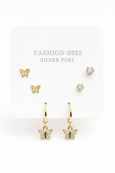 MakeWell 925S Silver Needle Butterfly Design Zircon Stone 3-Piece Earring Set
