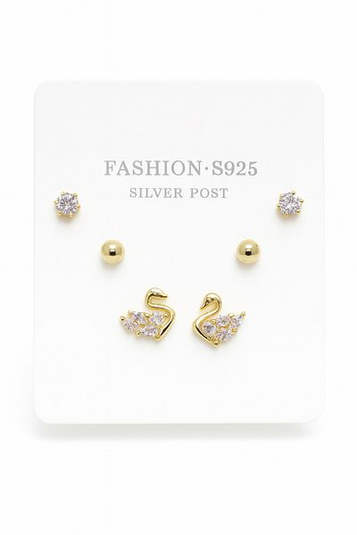 MakeWell 925S Silver Needle Swan Design Zircon Stone and Ball Earrings Set of 3 Earrings