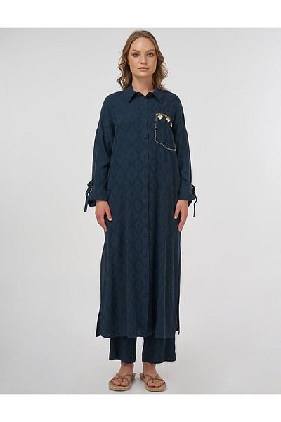 Kayra Embroidery Detailed Linen Viscose Tunic Navy Blue
