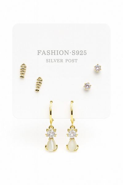 MakeWell 925S Silver Needle Cat and Fish Design Zircon Stone 3-Piece Earring Set
