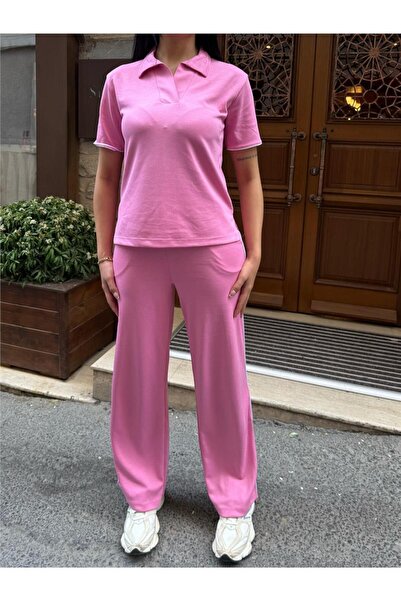 WeShaya Pink Polyester Elastane Polo Neck Suit