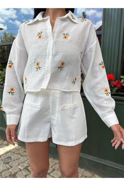 WeShaya Cămașă cu mânecă scurtă cu broderie de flori albe