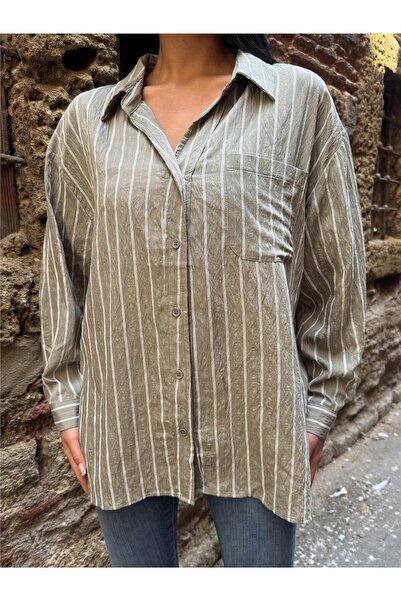 WeShaya Χακί ριγέ λινό πουκάμισο oversize