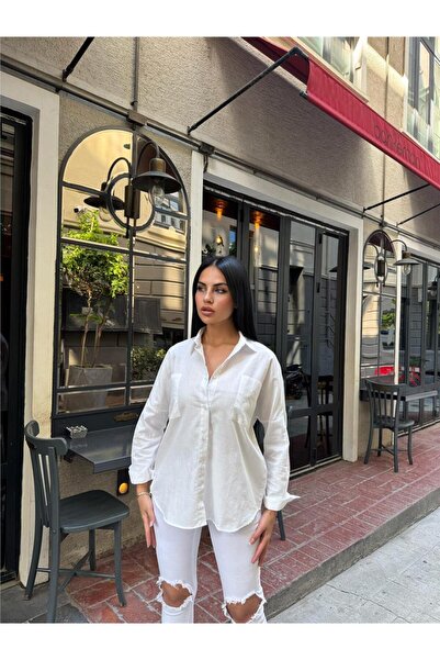 WeShaya Cămașă albă oversize din bumbac acrilic cu buzunare