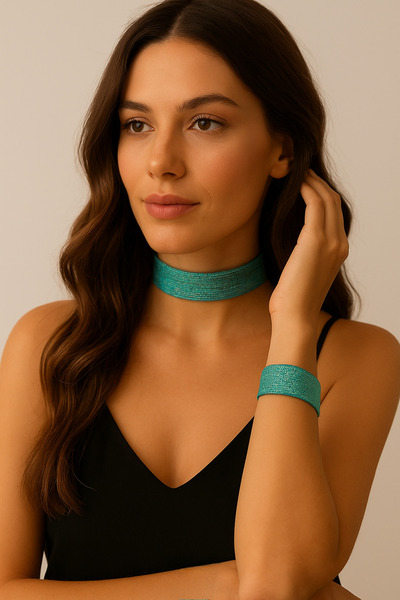 SYAZE Turquoise Glitter Choker and Bracelet Set