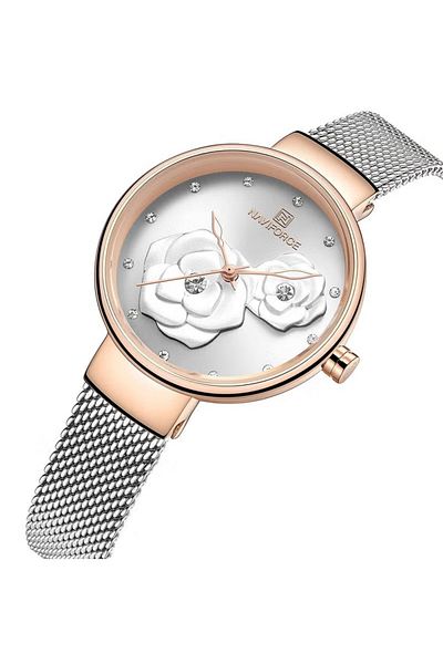 Naviforce Elegant Women's Quartz Watch Stylish Round Dial with Floral Embossed DElegant Women's