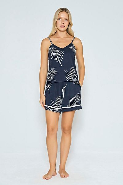 civetta 100% Viscose Woven Navy Blue Leaf Patterned Shorts Pajama Set