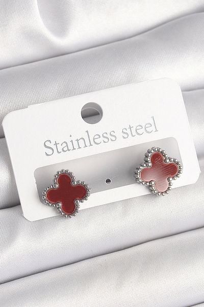 shopwave Brass Silver Color Claret Red Clover Model Women's Earrings