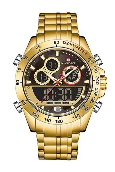 Naviforce Men's Sports Gold Analog-Digital Stainless Steel Strap Chronograph Watch with Dual Display