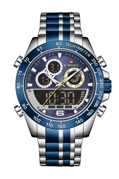 Naviforce Mens Dual Display Chronograph Watch Blue Silver Stainless Steel Band Analog Digital Quartz Movement